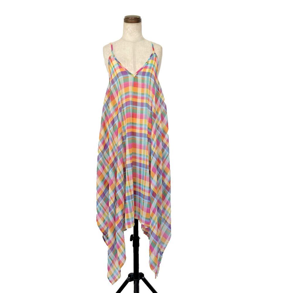 Into the Bleu Plaid Multi Color Handkerchief Hem Swim Cover-Up Beach Dress Sz S